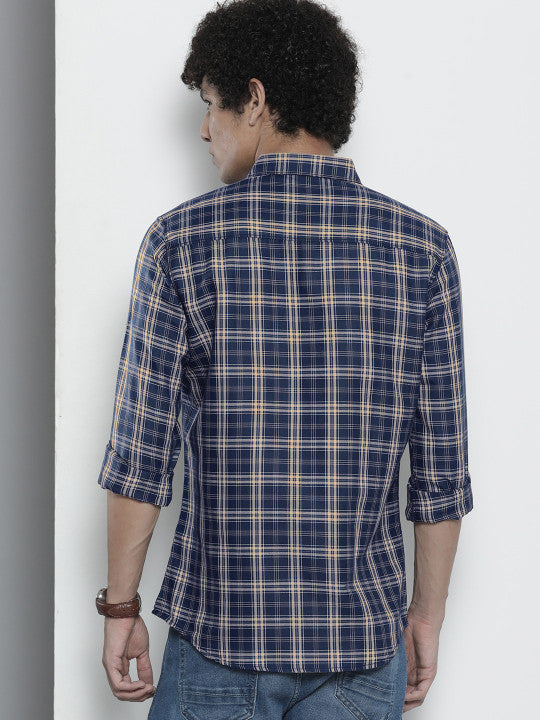 Men Navy Blue Checked Casual Shirt