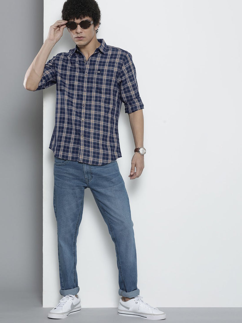 Men Navy Blue Checked Casual Shirt