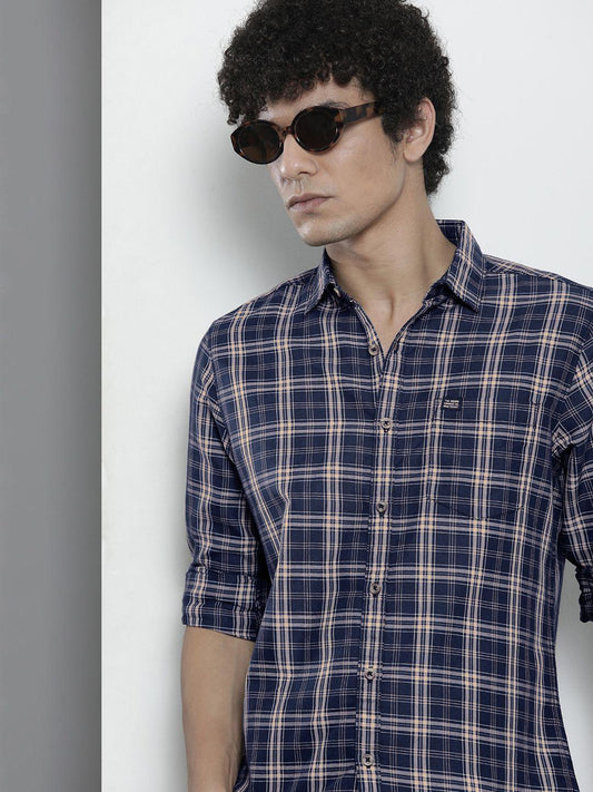 Men Navy Blue Checked Casual Shirt